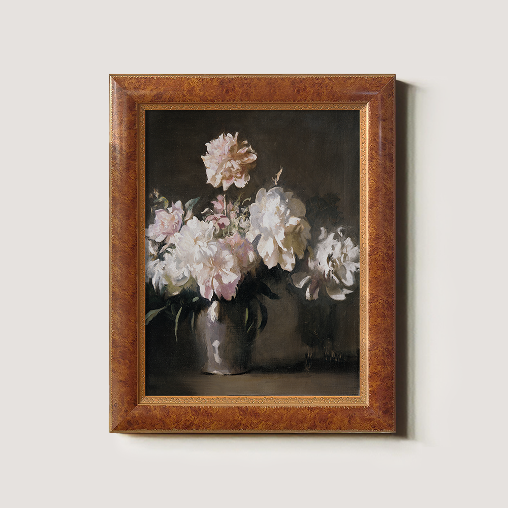 Vintage Still Life Art of White and Pink Peonies