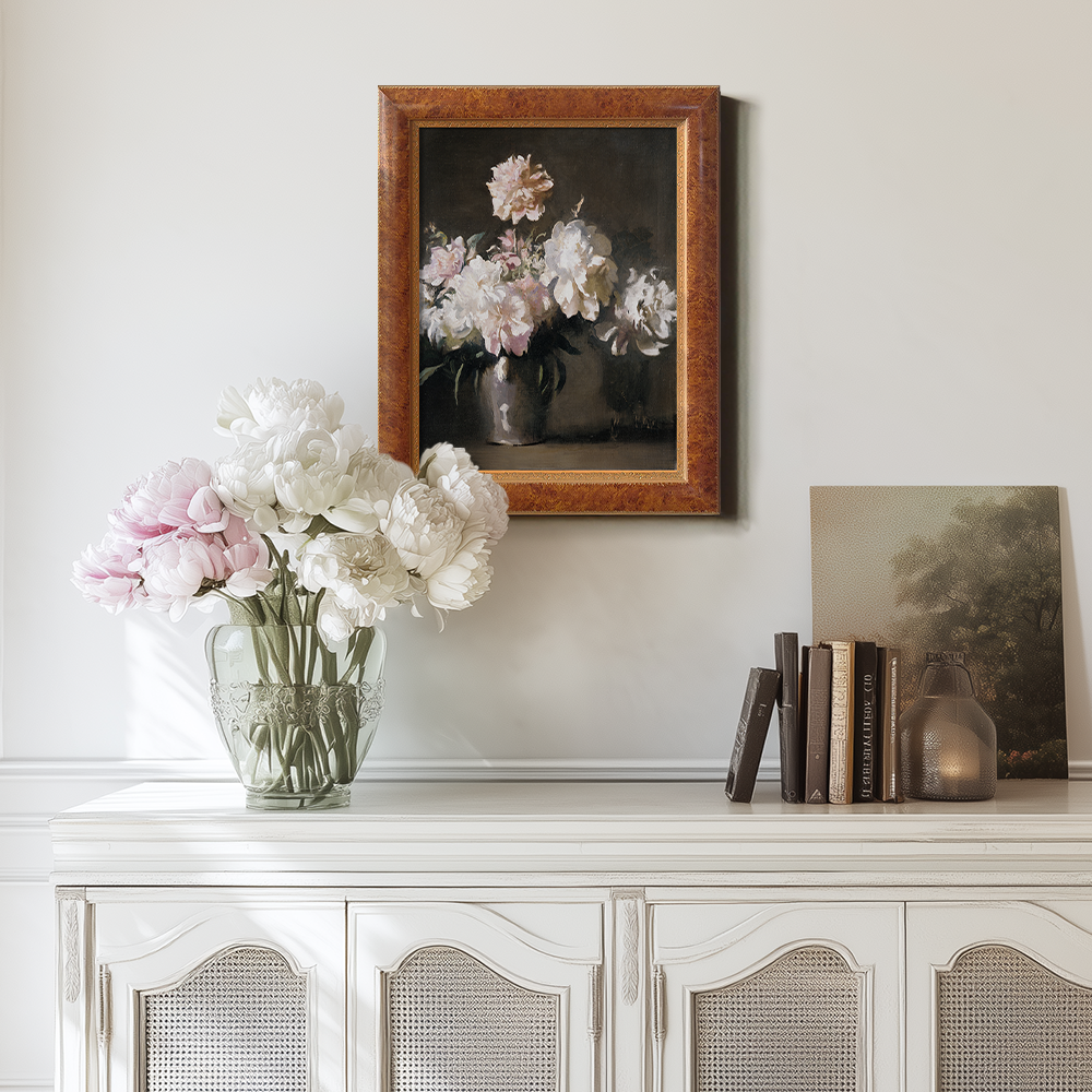 Vintage Still Life Art of White and Pink Peonies