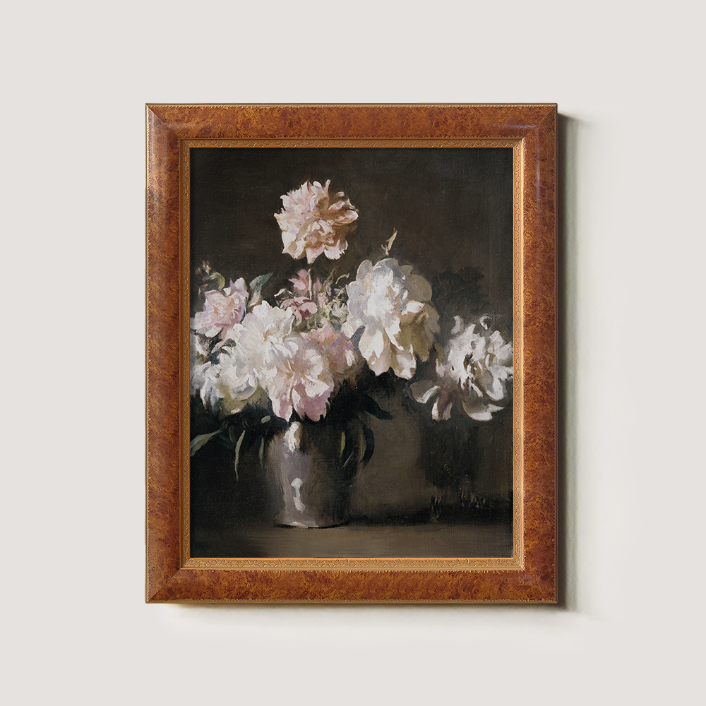 Vintage Still Life Art of White and Pink Peonies
