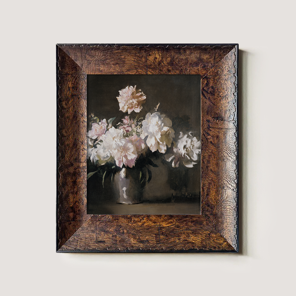 Vintage Still Life Art of White and Pink Peonies