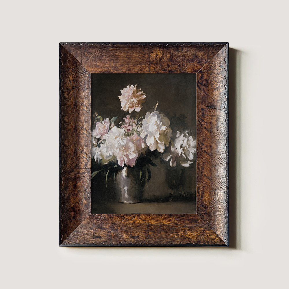 Vintage Still Life Art of White and Pink Peonies