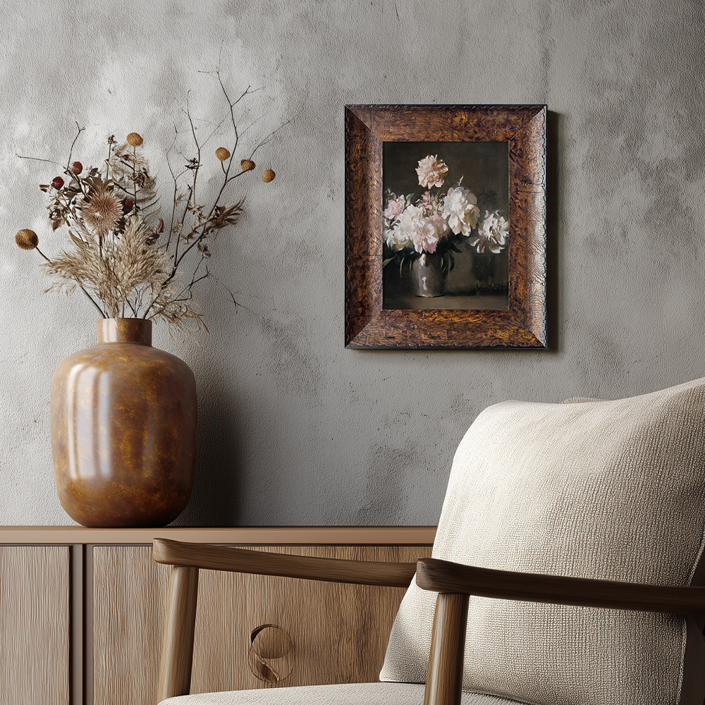 Vintage Still Life Art of White and Pink Peonies