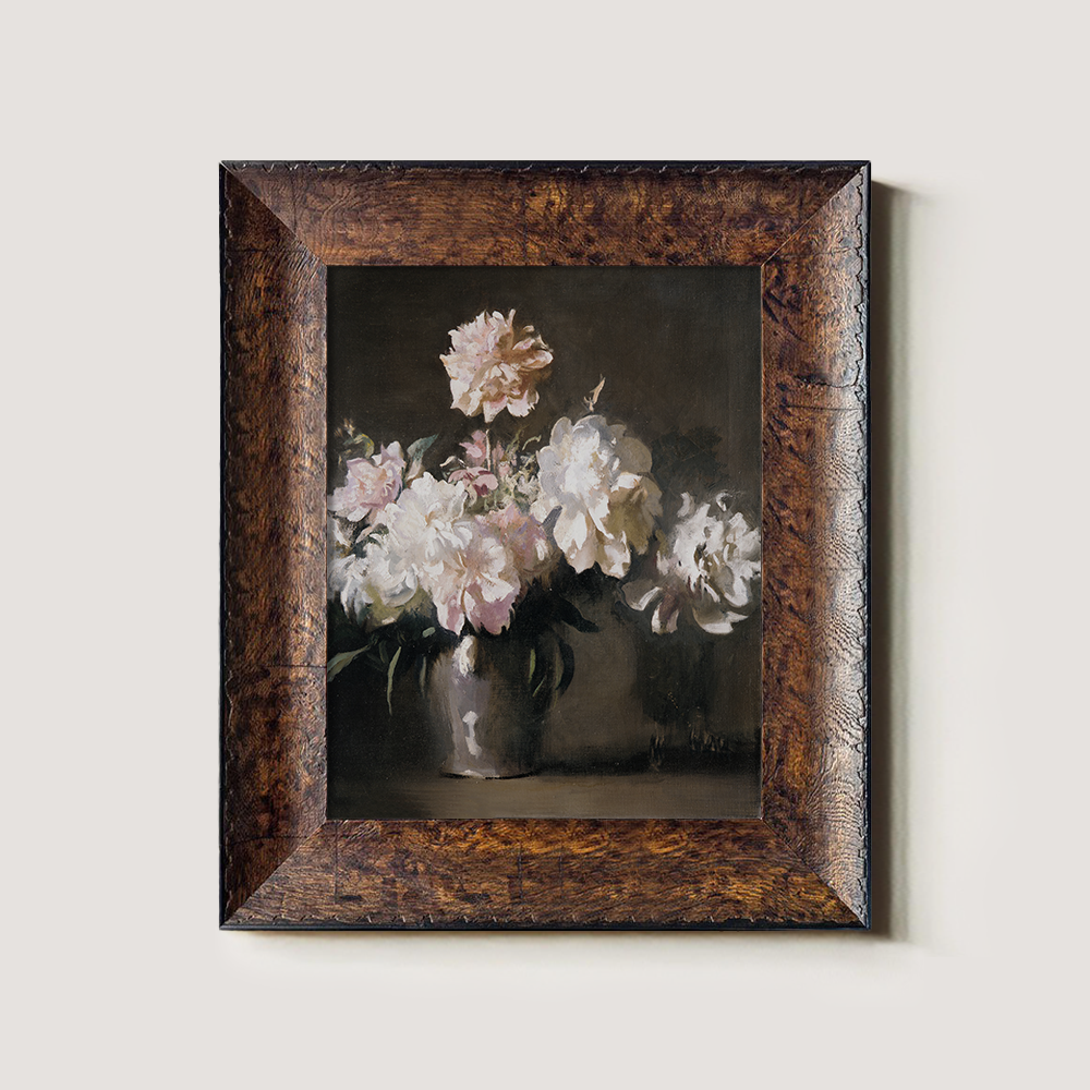 Vintage Still Life Art of White and Pink Peonies