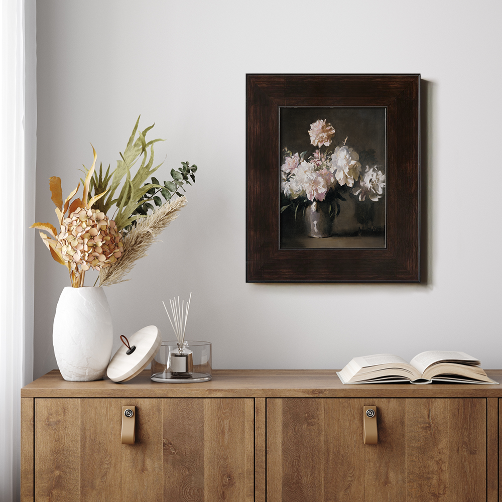 Vintage Still Life Art of White and Pink Peonies