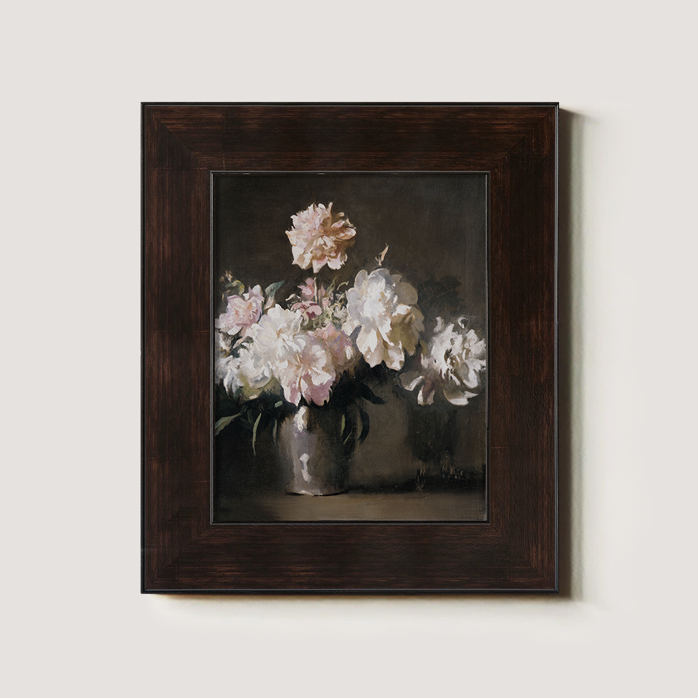 Vintage Still Life Art of White and Pink Peonies
