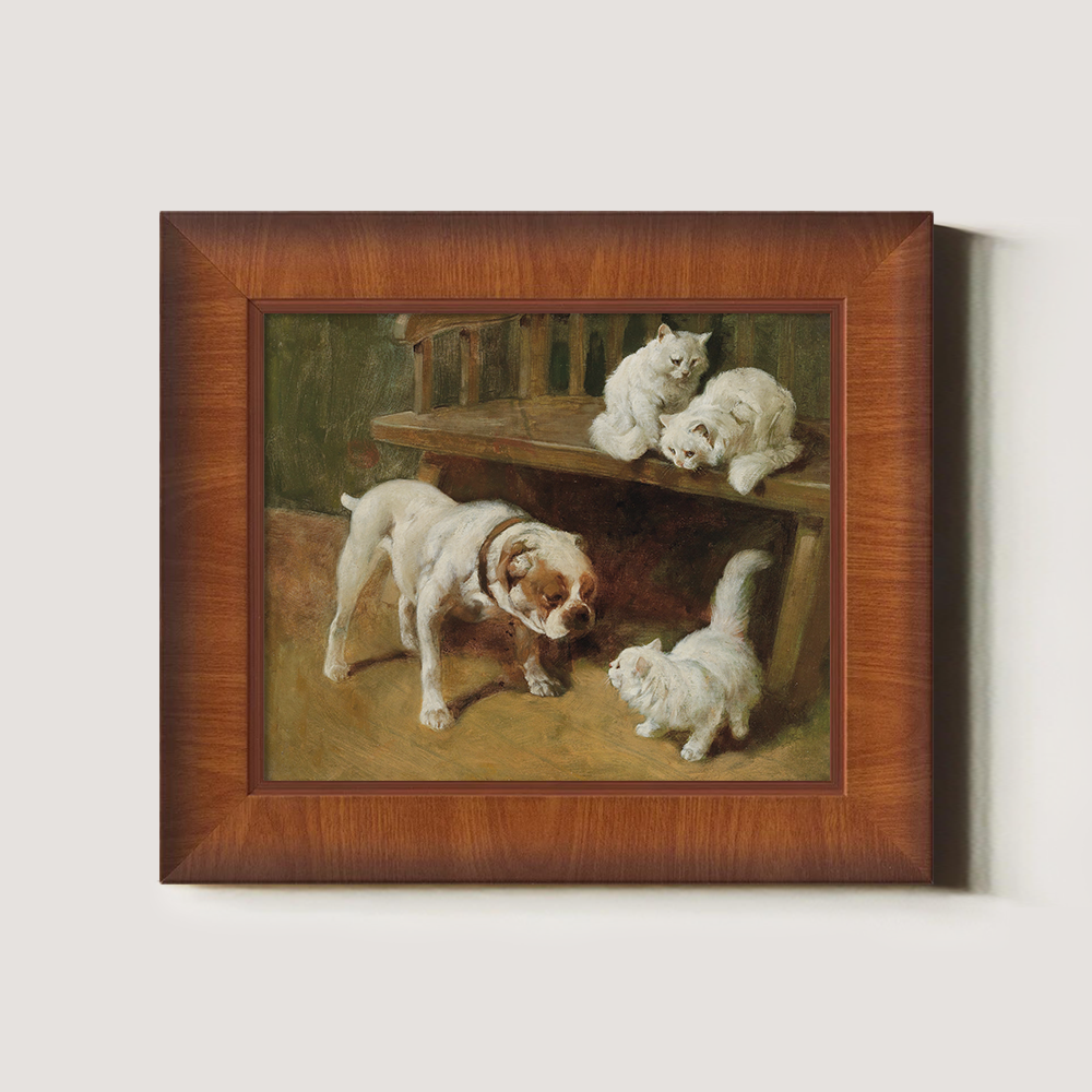 Bulldog And White Kittens Playing
