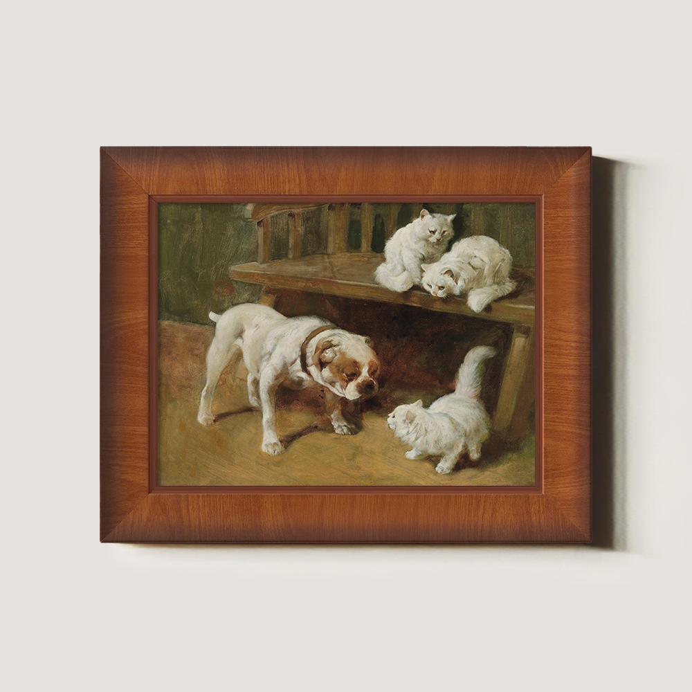 Bulldog And White Kittens Playing