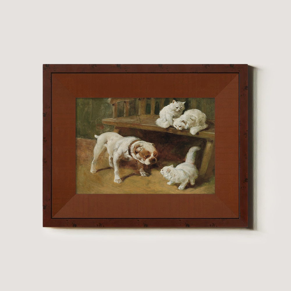 Bulldog And White Kittens Playing
