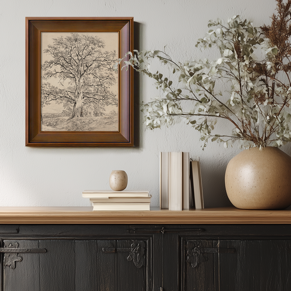 Sketch Art of an Old Tree with a Winding Trunk in Beige