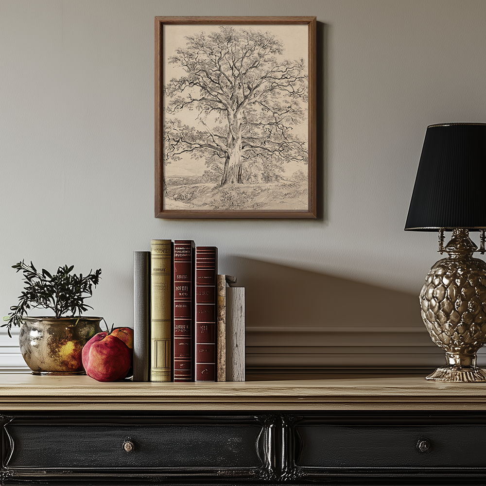 Sketch Art of an Old Tree with a Winding Trunk in Beige