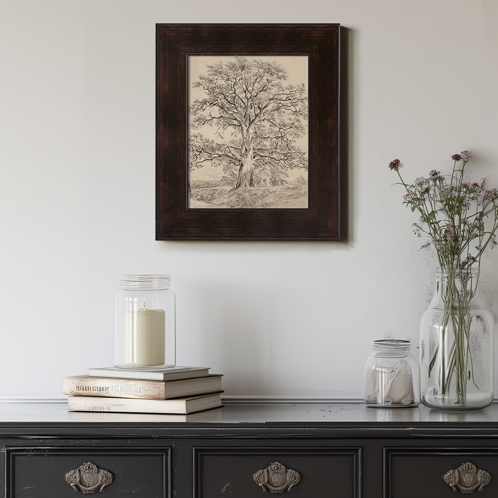 Sketch Art of an Old Tree with a Winding Trunk in Beige
