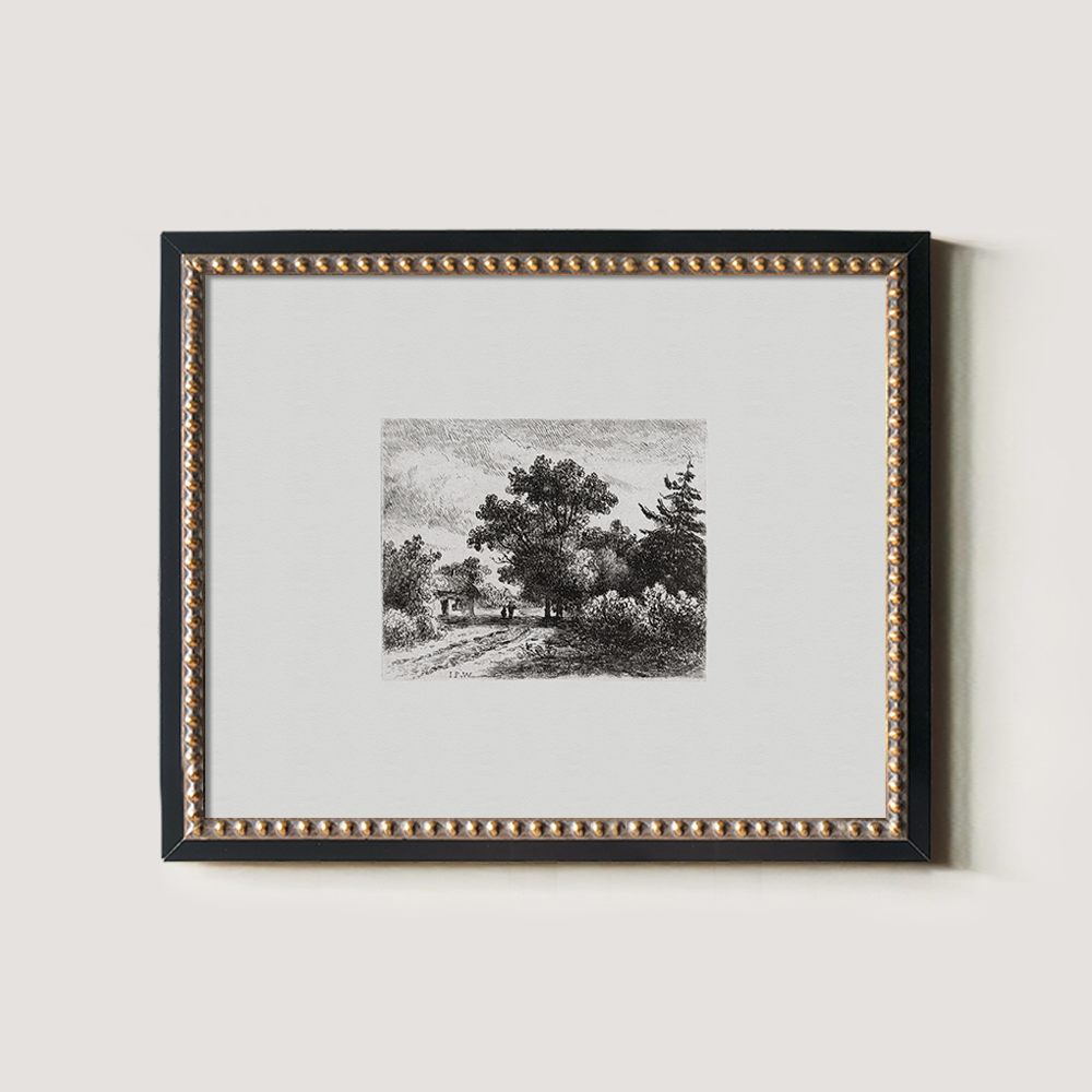 Foggy Hamlet Path Etching Reverie