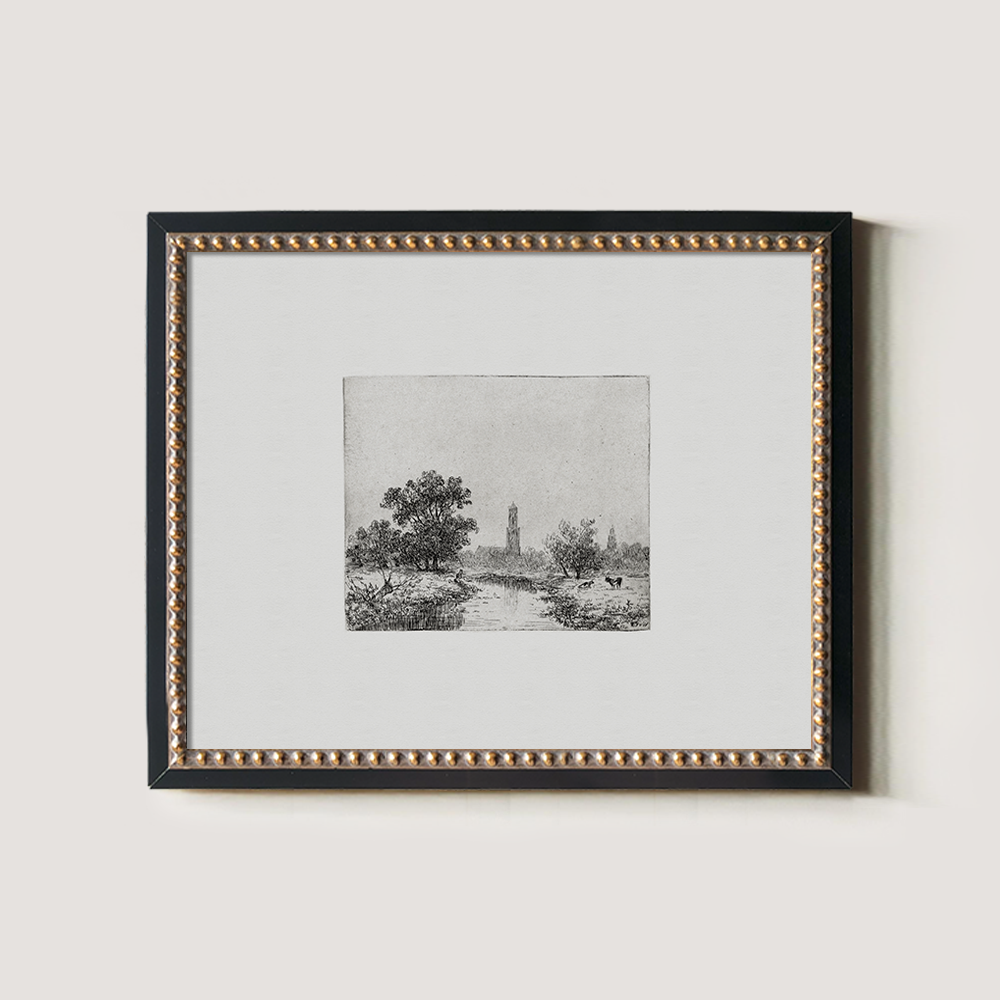 Pastoral Riverside Tower Etching Reverie