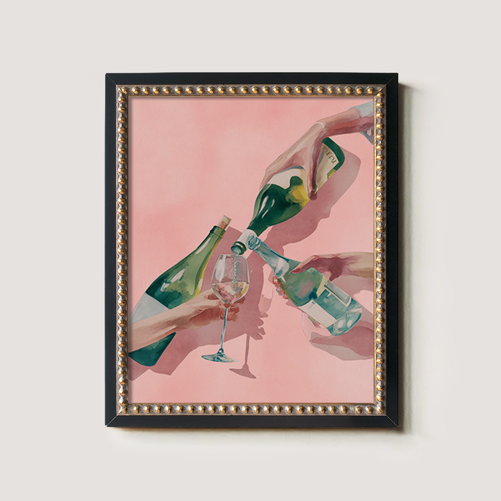 Watercolor Toast: Three Hands with Bottles and Glass