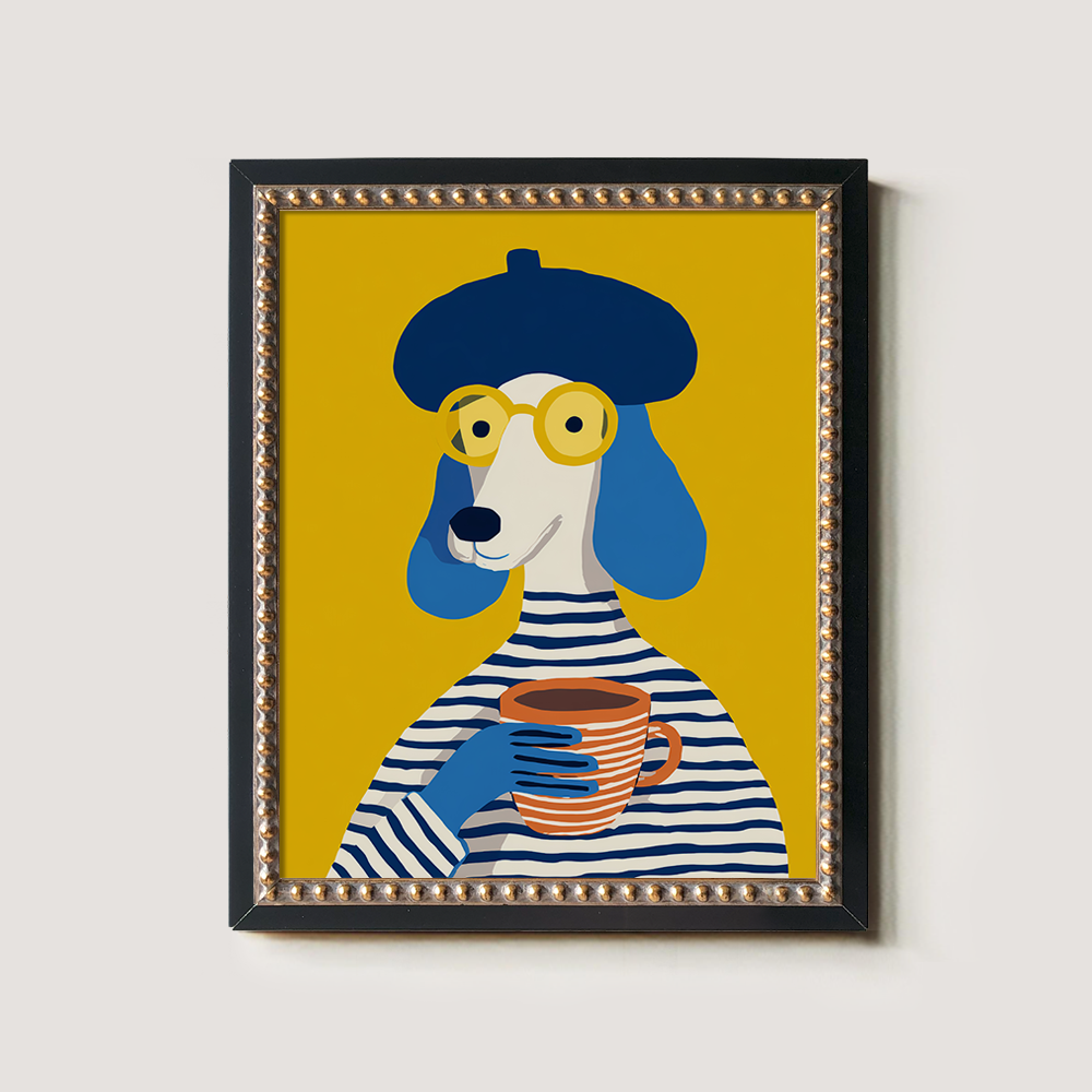 French Poodle with Beret and Coffee - Parisian Chic