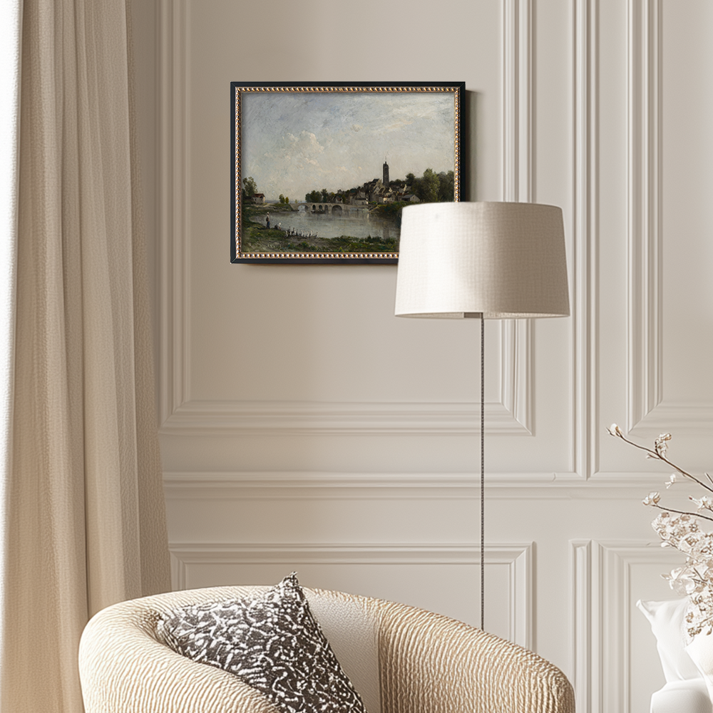 Serene Riverside Village with Arched Bridge and Tower