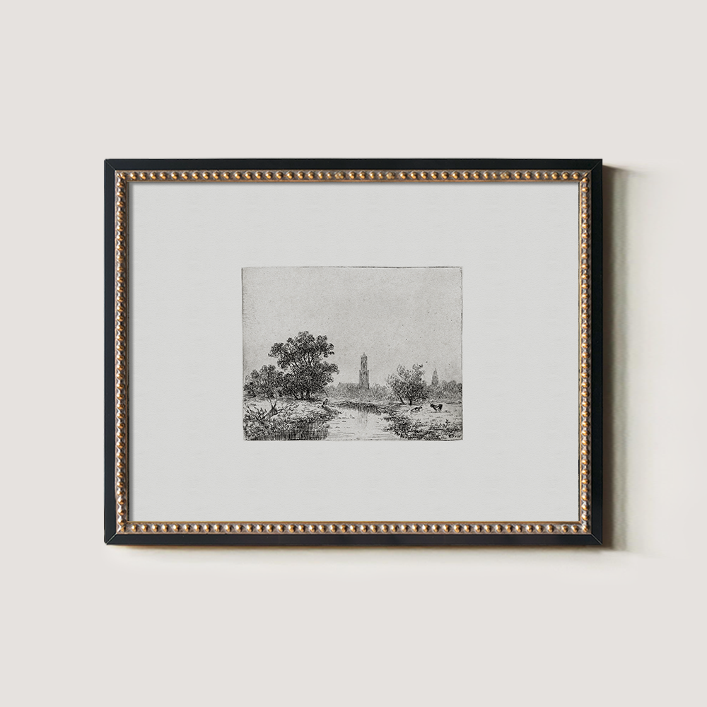 Pastoral Riverside Tower Etching Reverie