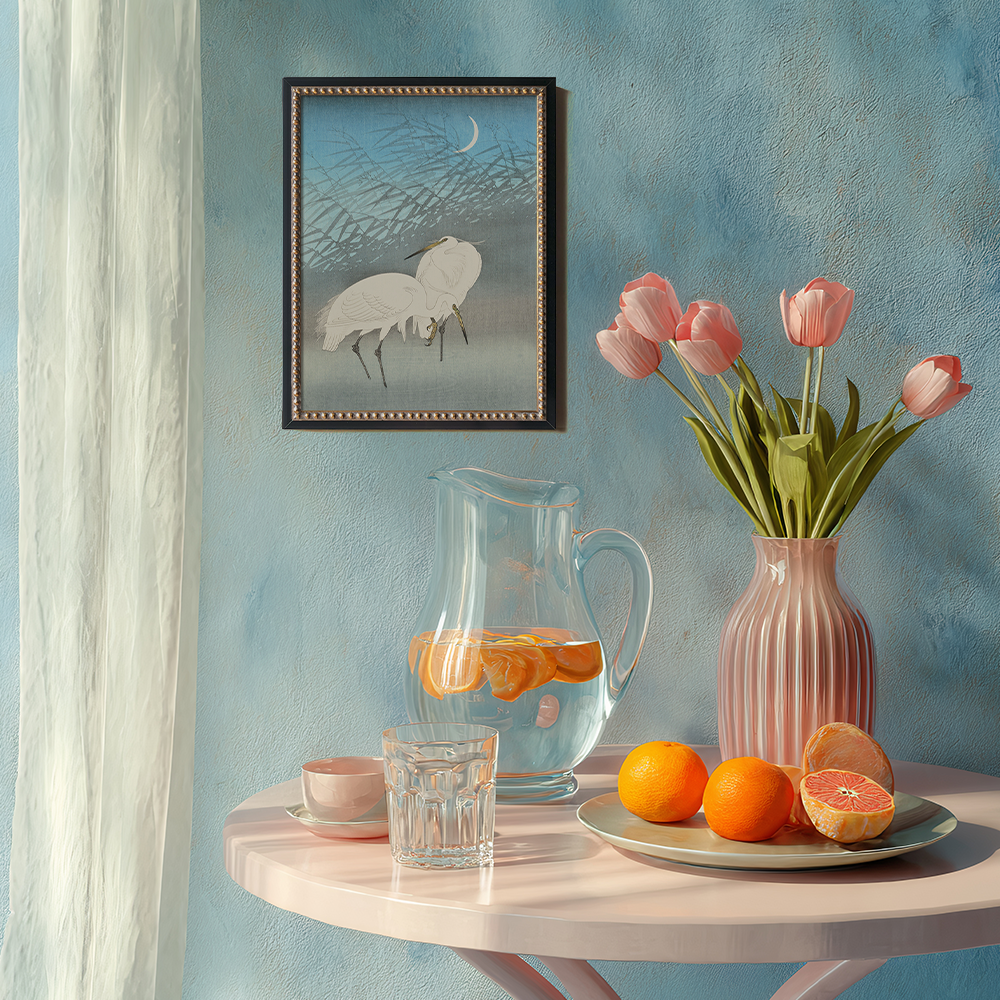 Moonlit Egrets in Reeds - Japanese Woodblock Reproduction