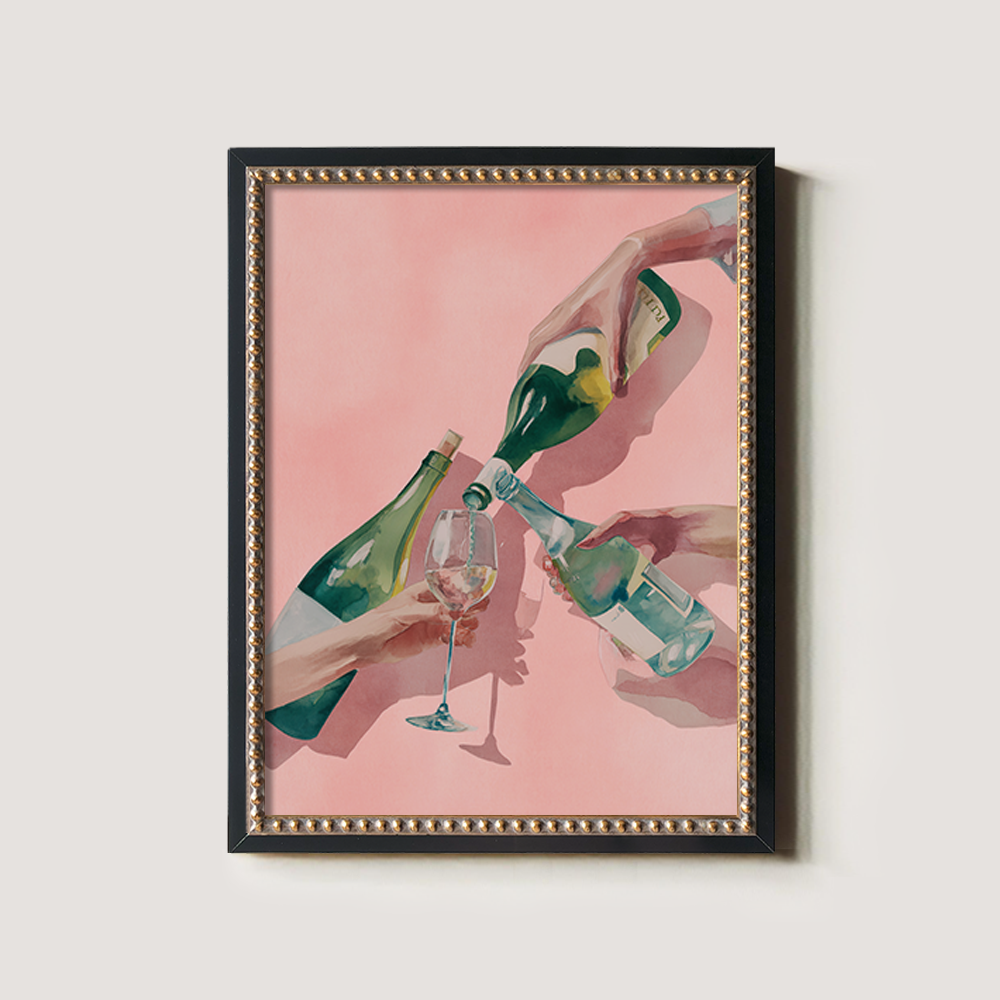 Watercolor Toast: Three Hands with Bottles and Glass