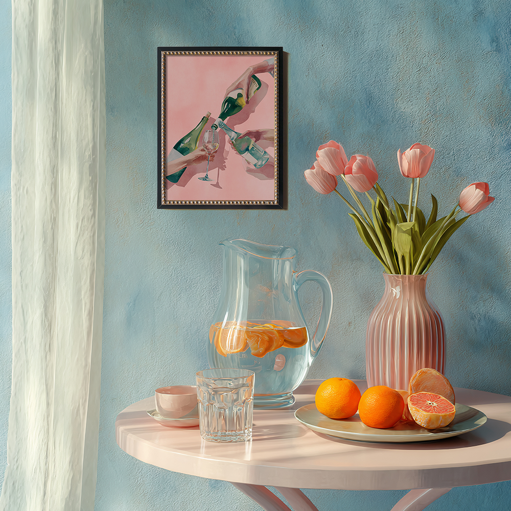 Watercolor Toast: Three Hands with Bottles and Glass