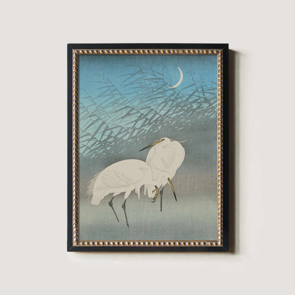 Moonlit Egrets in Reeds - Japanese Woodblock Reproduction