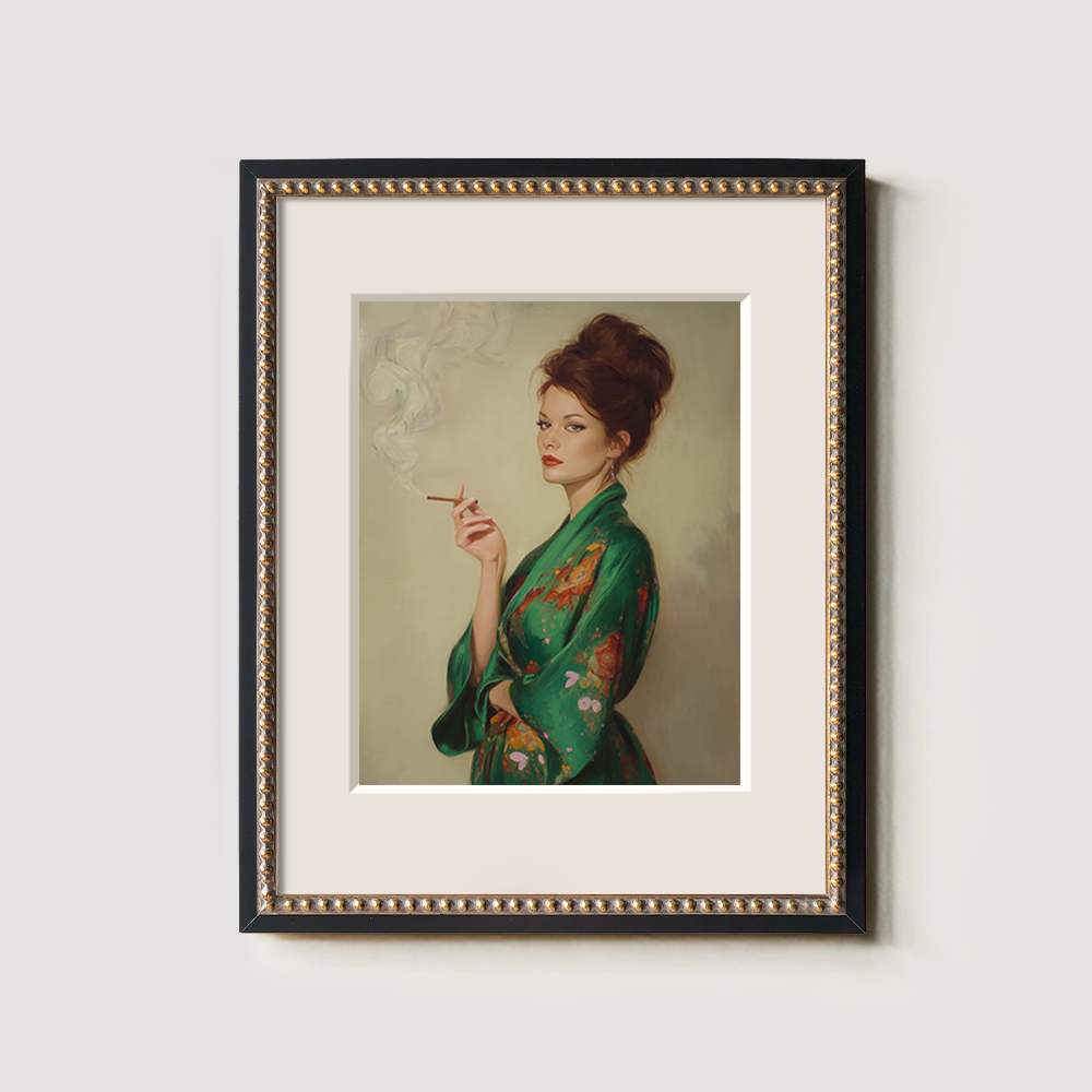 Veiled Jade Kimono Muse Watercolor Portrait