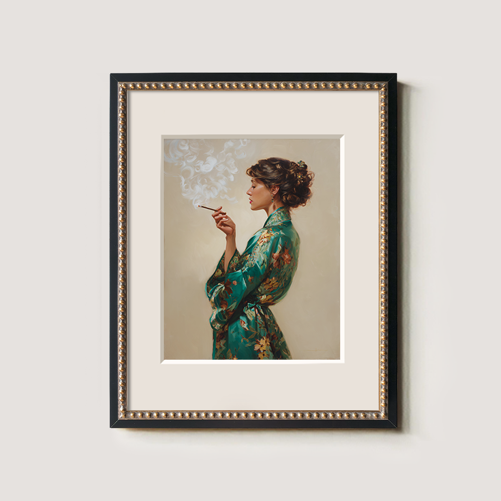Enigmatic Emerald Robe Smoker Watercolor Portrait
