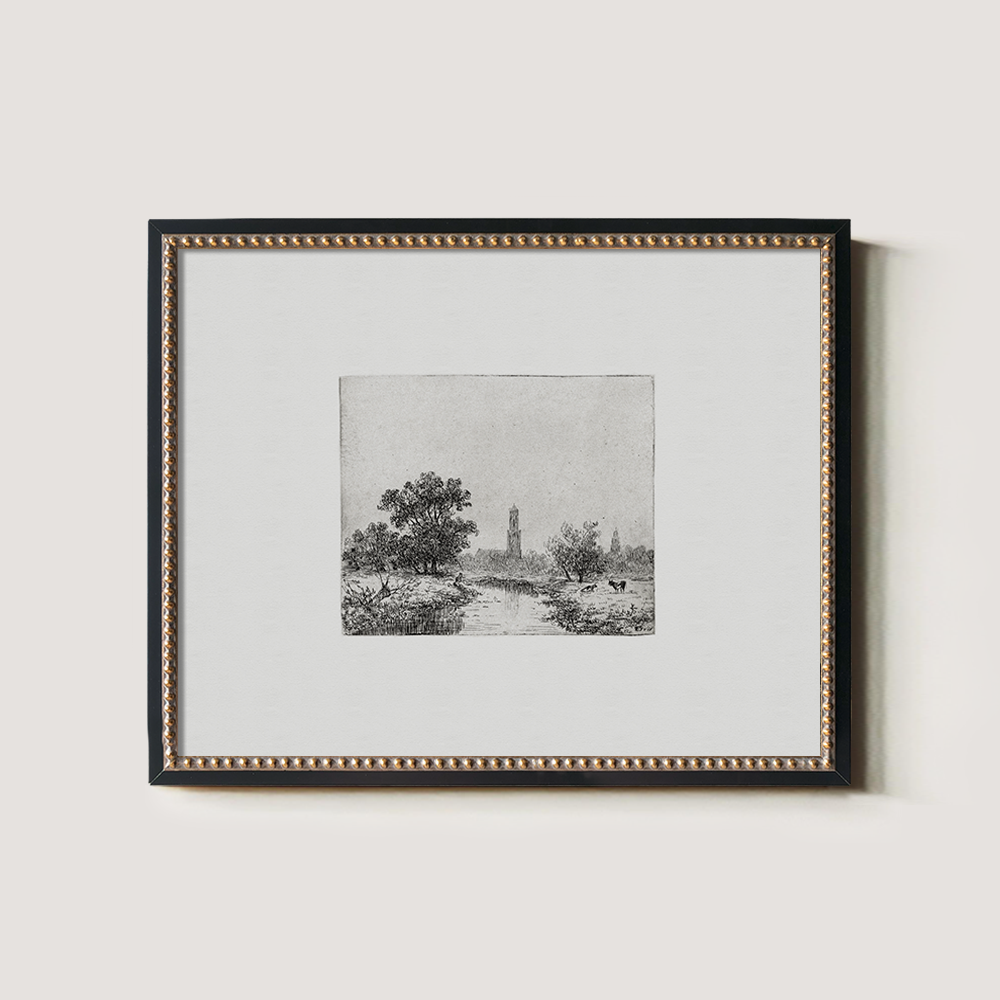 Pastoral Riverside Tower Etching Reverie