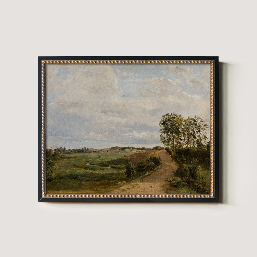 Serene Country Path Amid Lush Fields and Clouds