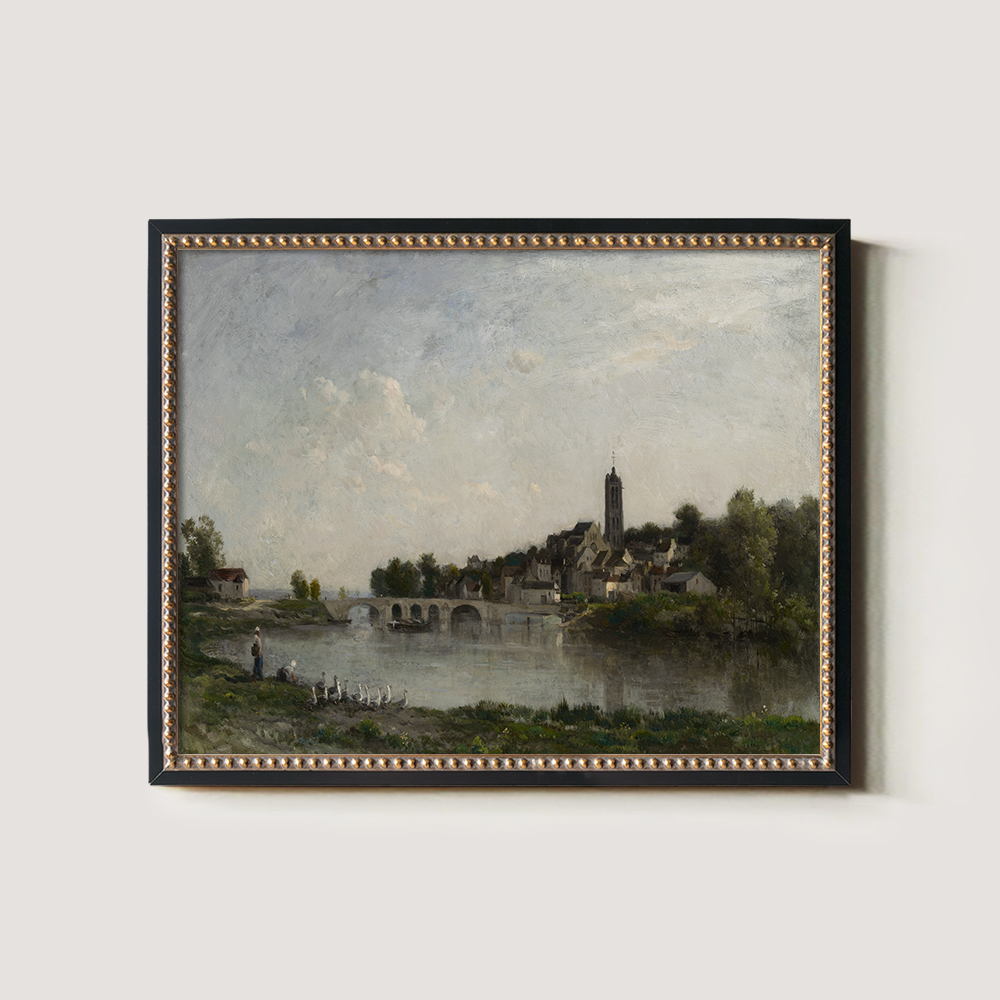 Serene Riverside Village with Arched Bridge and Tower