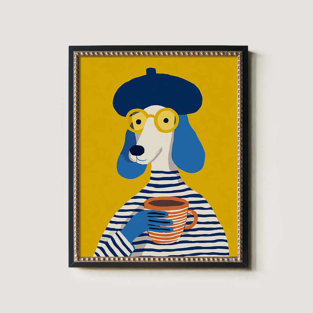 French Poodle with Beret and Coffee - Parisian Chic