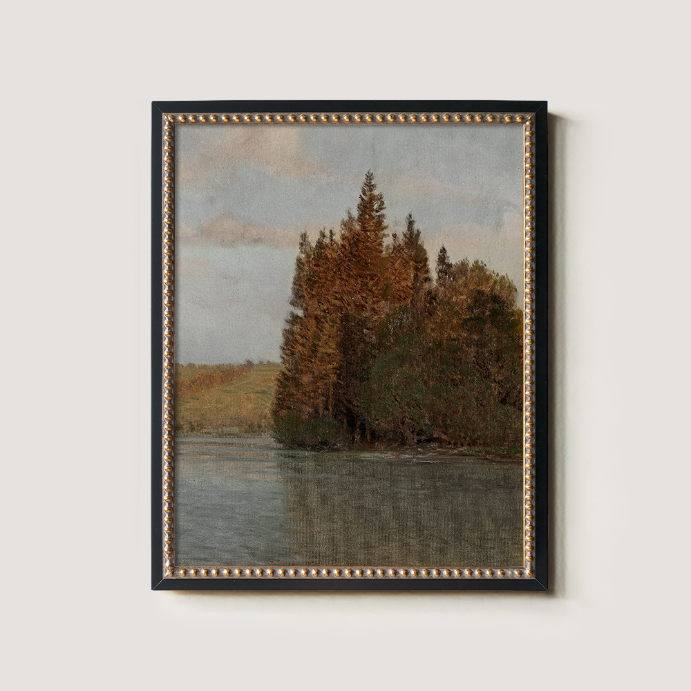 Serene Autumn Pine Lakeside Watercolor Reverie