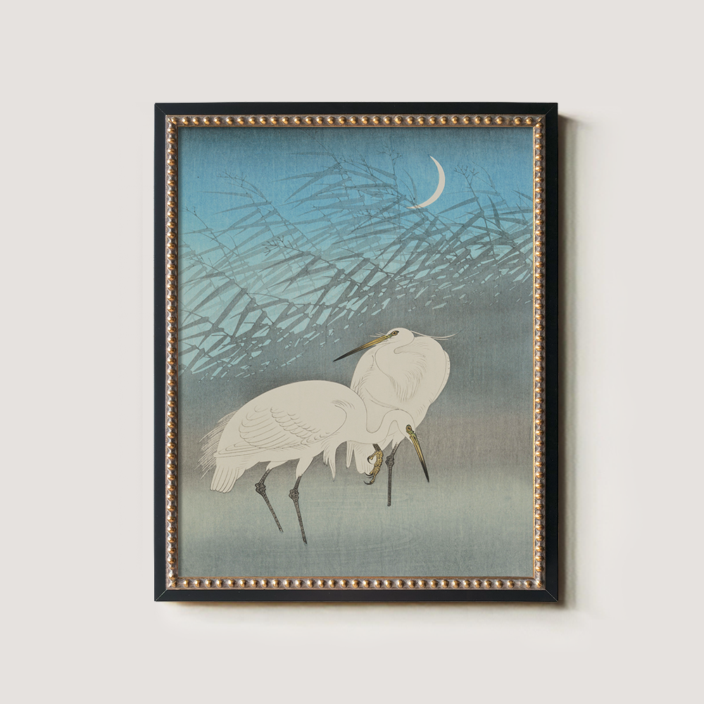 Moonlit Egrets in Reeds - Japanese Woodblock Reproduction
