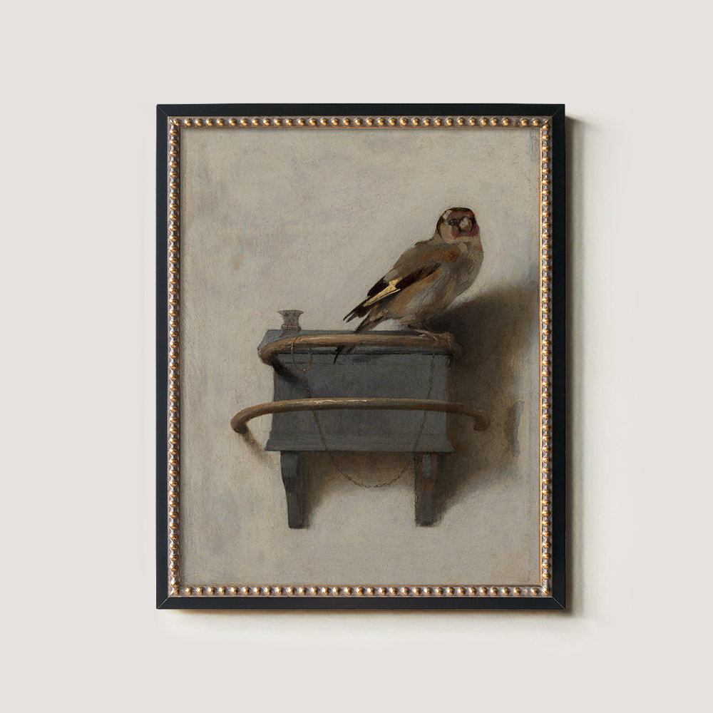 Perched Goldfinch on Ornate Wooden Shelf