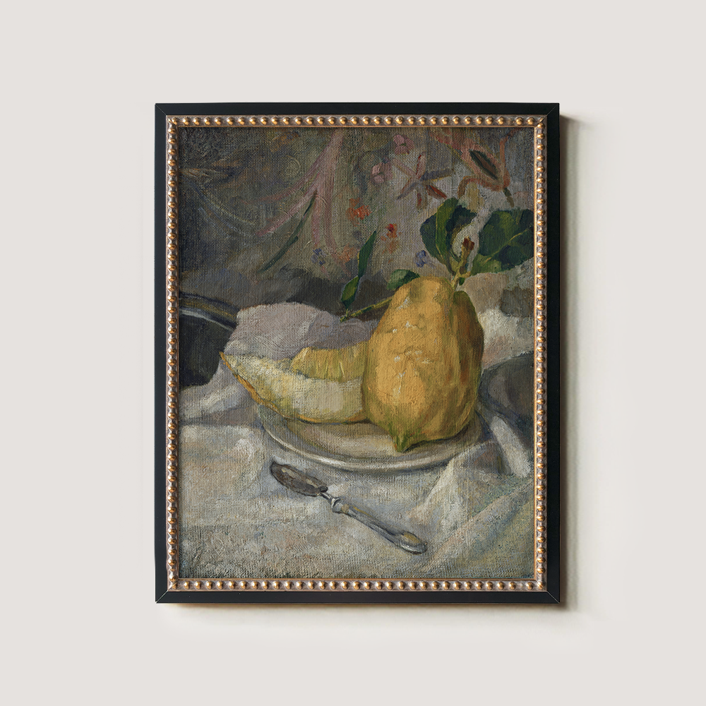 Sliced Quince Still Life with Leaves and Spoon