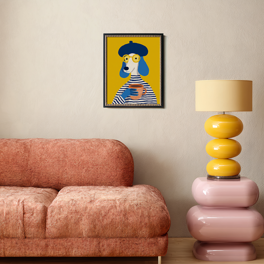 French Poodle with Beret and Coffee - Parisian Chic