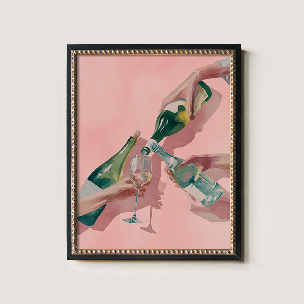 Watercolor Toast: Three Hands with Bottles and Glass