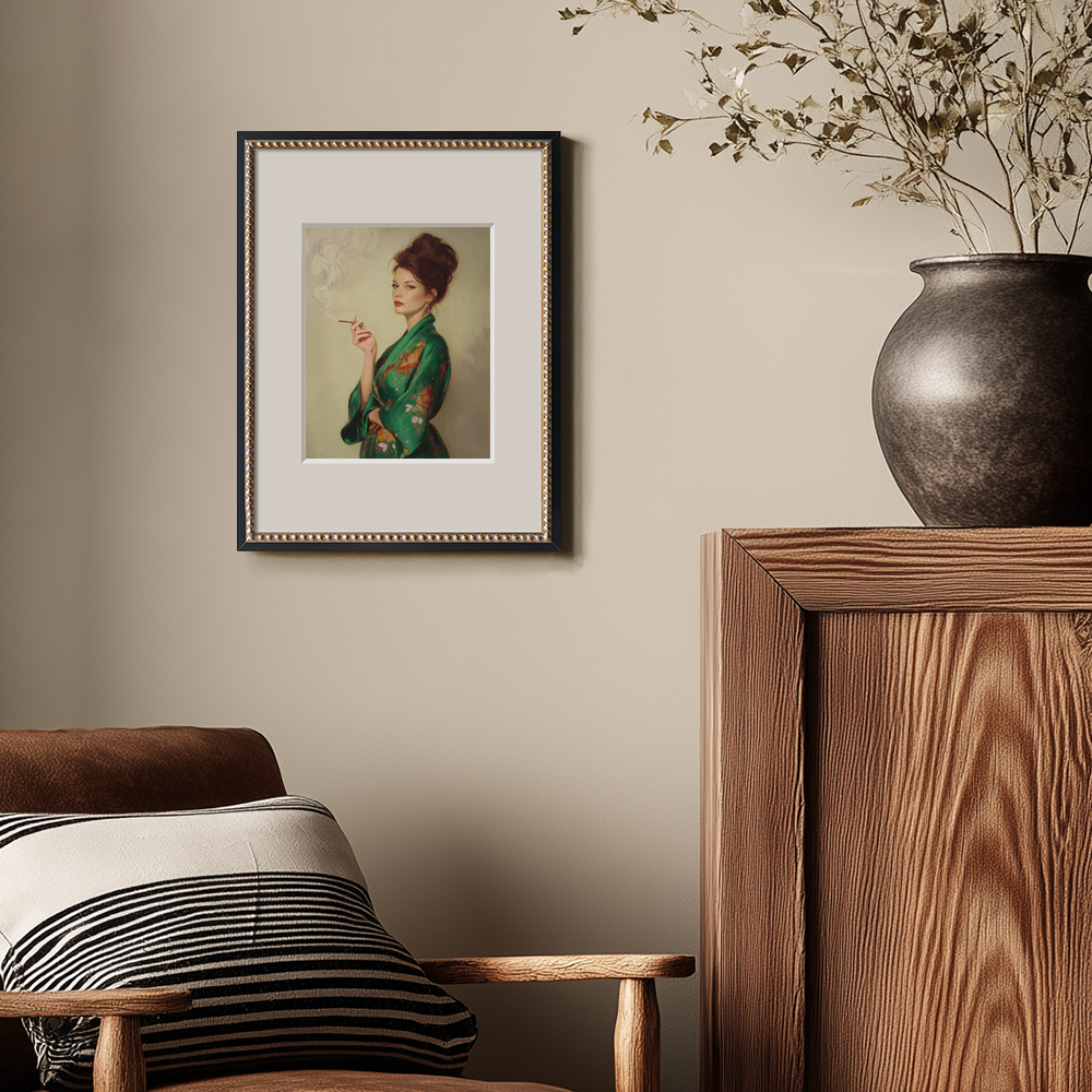 Veiled Jade Kimono Muse Watercolor Portrait