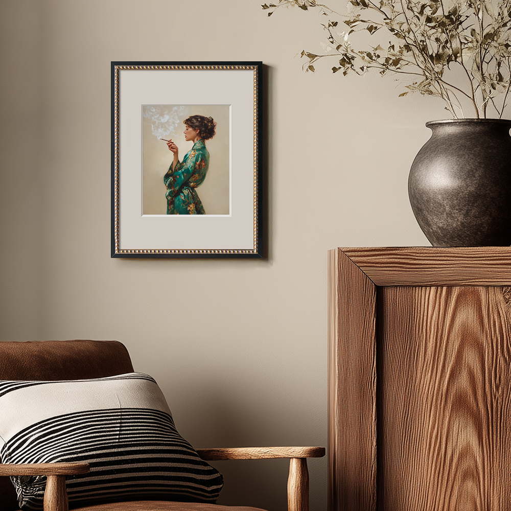 Enigmatic Emerald Robe Smoker Watercolor Portrait