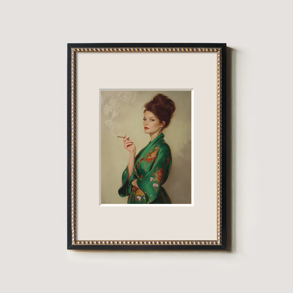 Veiled Jade Kimono Muse Watercolor Portrait