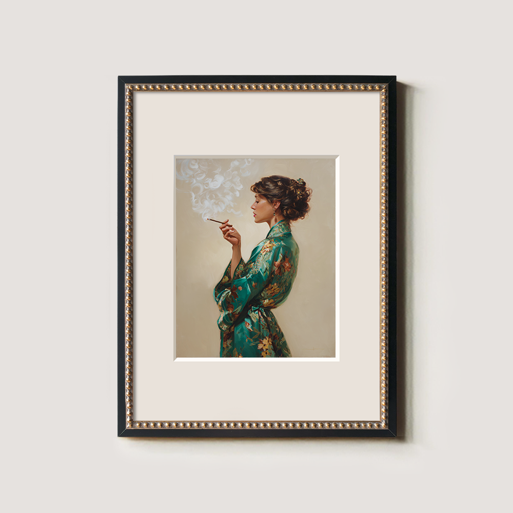 Enigmatic Emerald Robe Smoker Watercolor Portrait