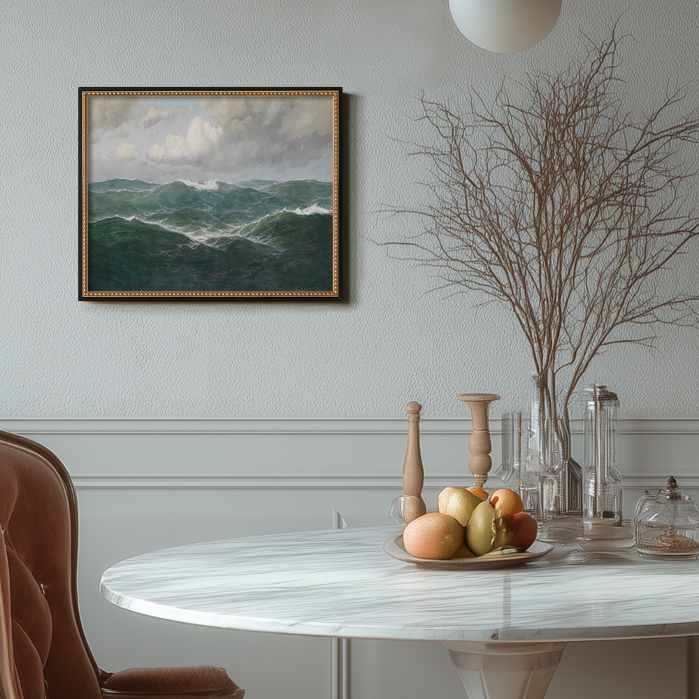 Tempestuous Seascape with Crashing Waves and Distant Birds
