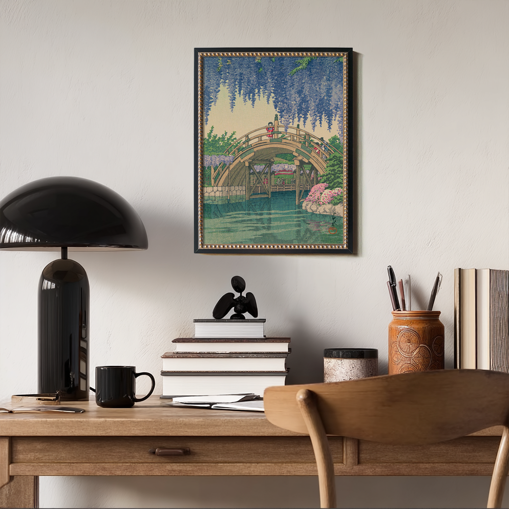 Wisteria Blossoms over Curved Drum Bridge