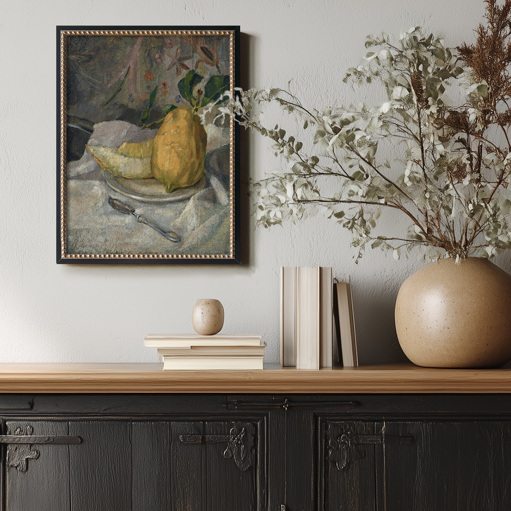 Sliced Quince Still Life with Leaves and Spoon