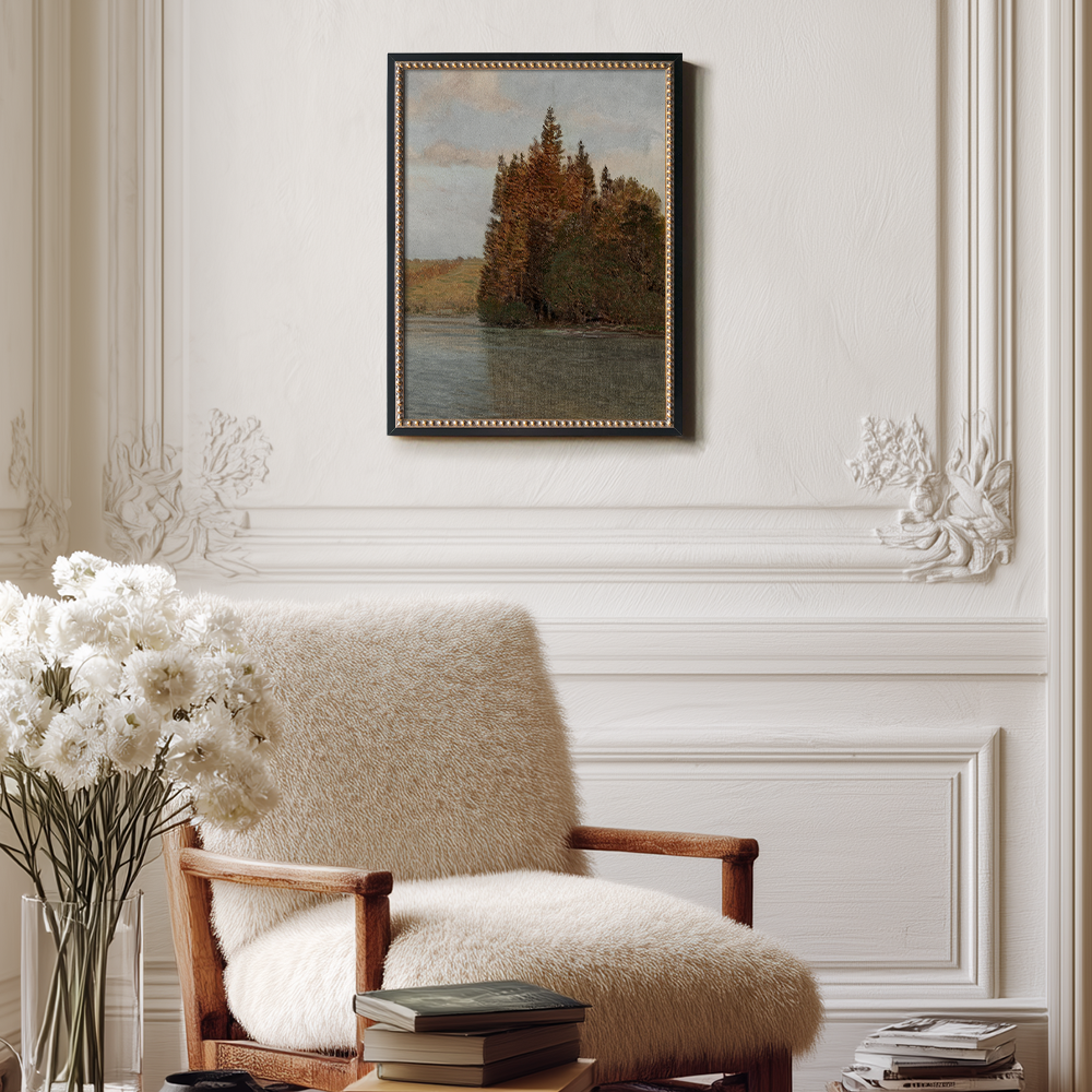 Serene Autumn Pine Lakeside Watercolor Reverie