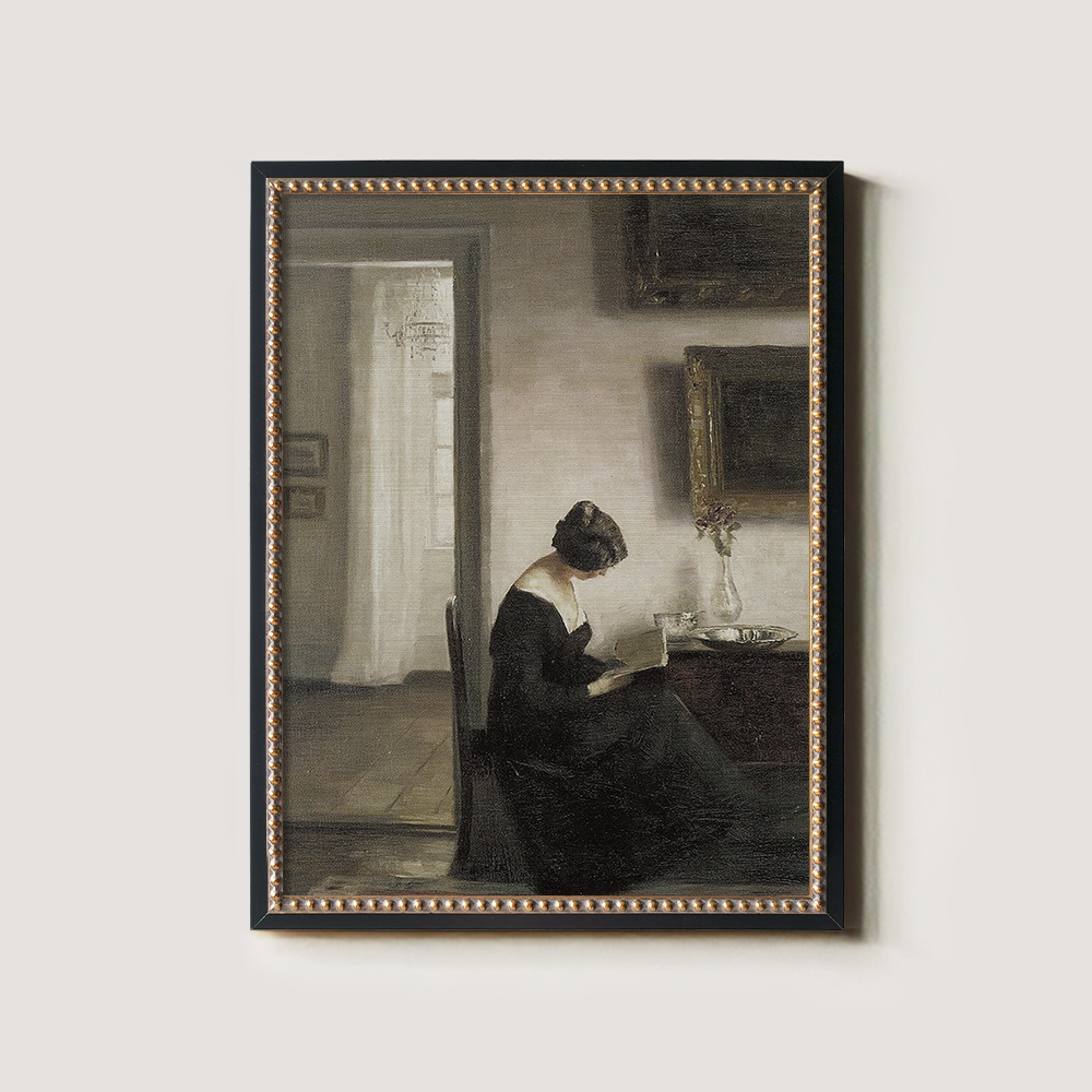 Introspective Woman Reading in Sunlit Parlor