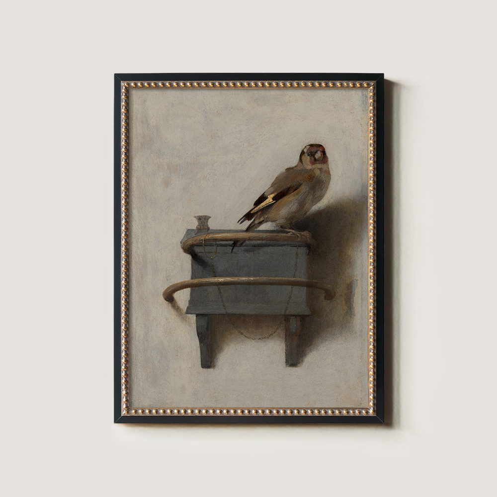 Perched Goldfinch on Ornate Wooden Shelf