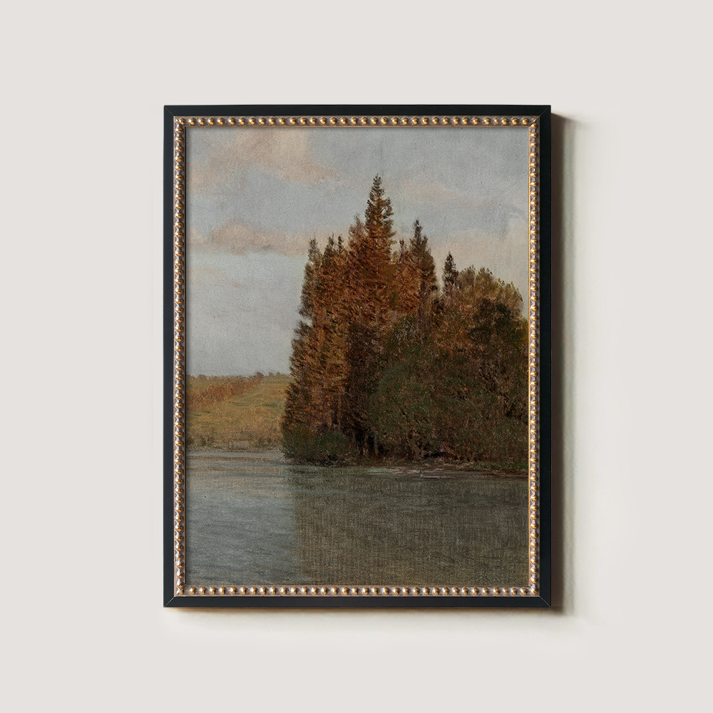 Serene Autumn Pine Lakeside Watercolor Reverie