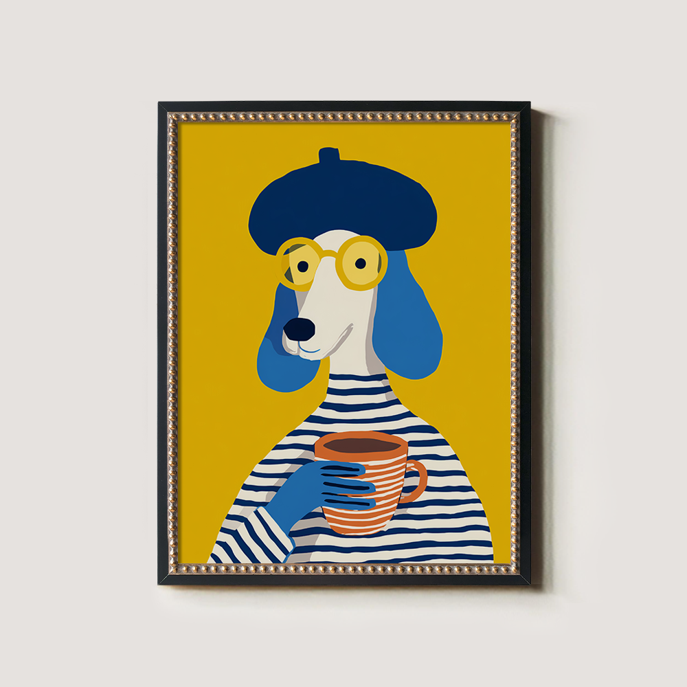 French Poodle with Beret and Coffee - Parisian Chic