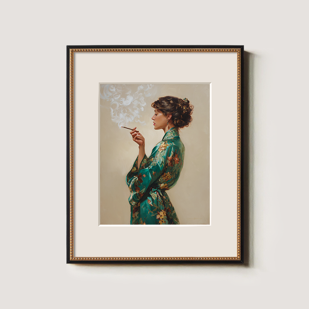 Enigmatic Emerald Robe Smoker Watercolor Portrait